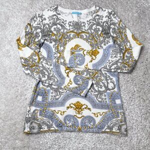 J. McLaughlin Cotton Modal Printed Crewneck Sweater Button Back Detail